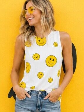 Heyday White Yellow Smiley Face Sleeveless Tank Top S M L